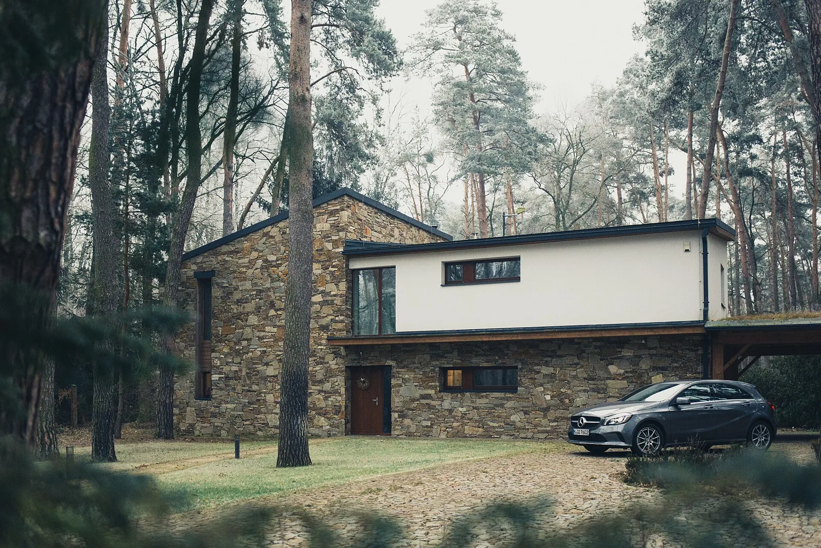 Modern house with stone cladding among tall pine trees.