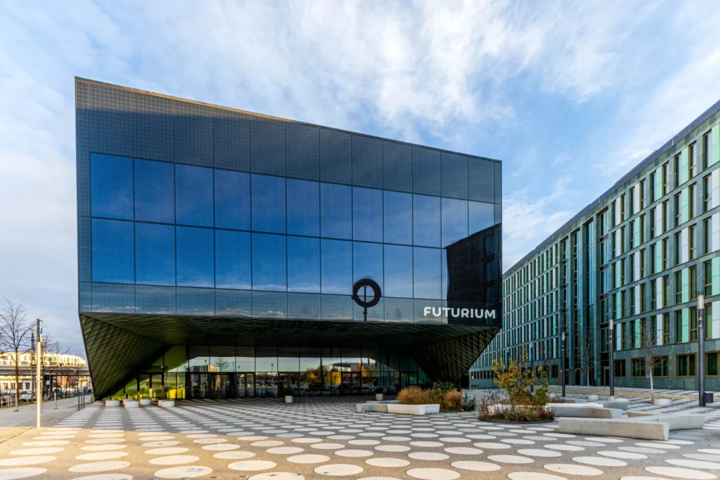 Glazed exterior and public plaza of the Futurium in Berlin.
